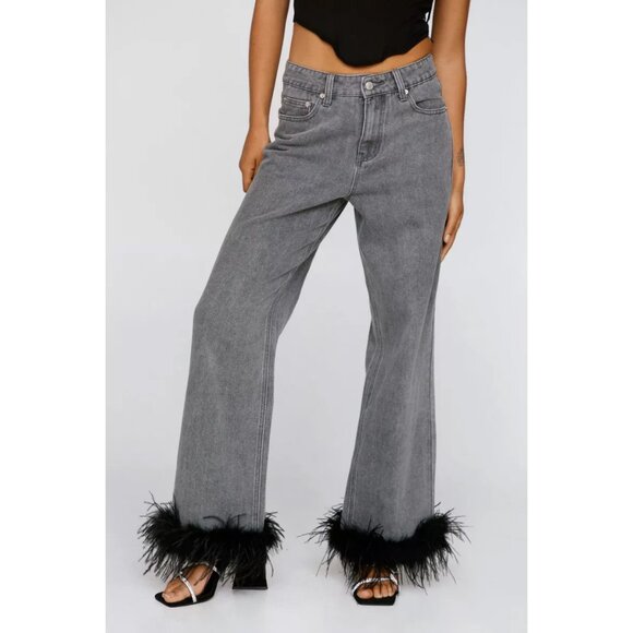 NWT Nasty Gal Washed Black / Gray Feather Hem Straight Leg Jeans sz 8 - Picture 1 of 12